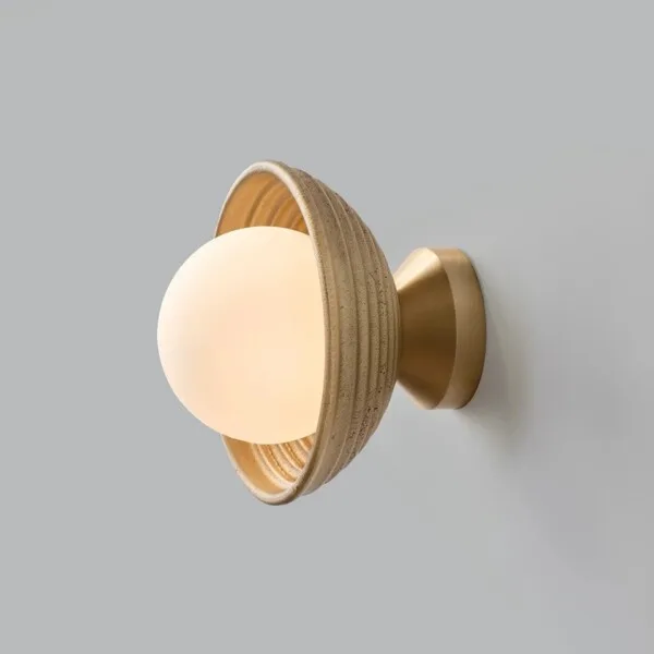 Wood Wall Light – Reeded Matt-Gold Dome & Opal Glass Ball, 16 cm | Jagmag Lights — 3D preview