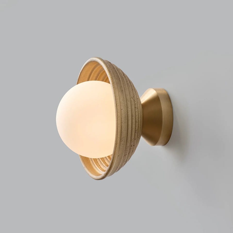 Home 3 Wood wall light with reeded matt-gold dome, opal glass ball and round gold wall base, three-quarter view