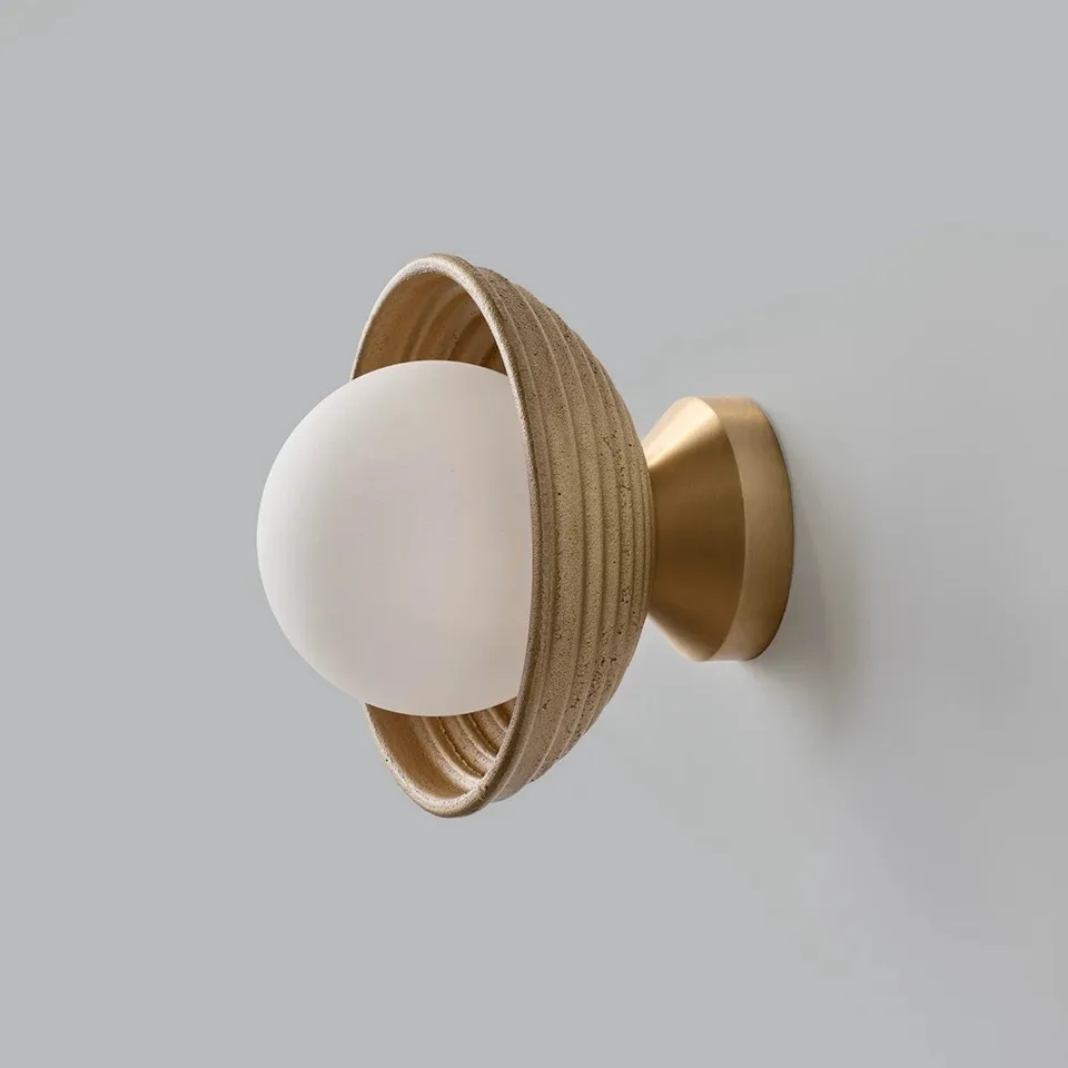 Wood Wall Light – Reeded Matt-Gold Dome & Opal Glass Ball, 16 cm | Jagmag Lights 5 Wood wall light three-quarter view with the opal borosilicate glass ball facing forward from the reeded gold dome