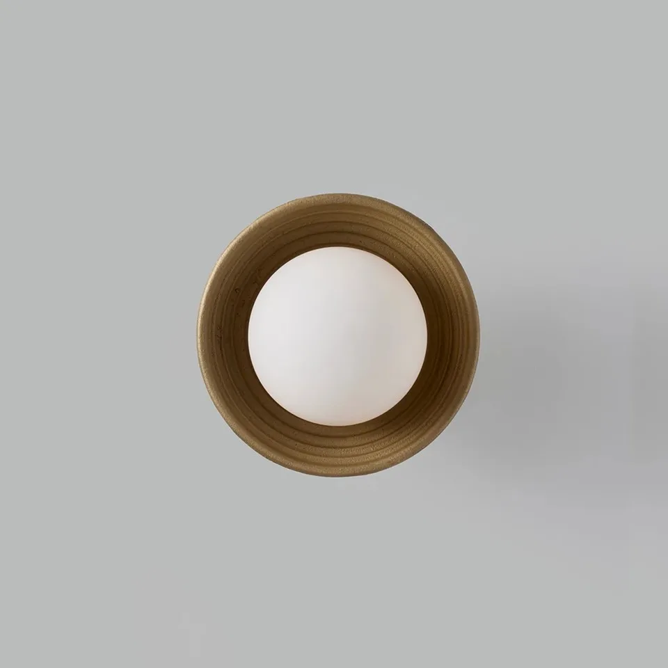 Wood Wall Light – Reeded Matt-Gold Dome & Opal Glass Ball, 16 cm | Jagmag Lights 4 Wood wall light seen head-on, opal borosilicate glass ball centred in the reeded matt-gold ring