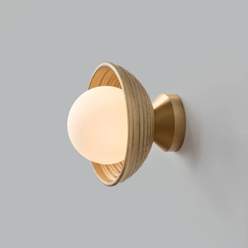 Wood Wall Light – Reeded Matt-Gold Dome & Opal Glass Ball, 16 cm | Jagmag Lights 6 Wood wall light lit at an angle, opal borosilicate glass ball glowing within the reeded matt-gold dome