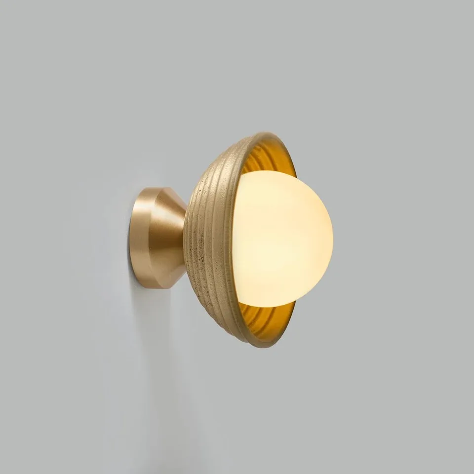 Wood Wall Light – Reeded Matt-Gold Dome & Opal Glass Ball, 16 cm | Jagmag Lights 7 Wood wall light glowing warm through its opal borosilicate glass ball, side view showing the gold interior of the reeded dome