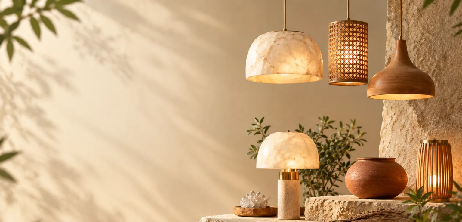 Home 1 Handcrafted decorative lights in alabaster stone, cane and wood, glowing above a sunlit stone ledge