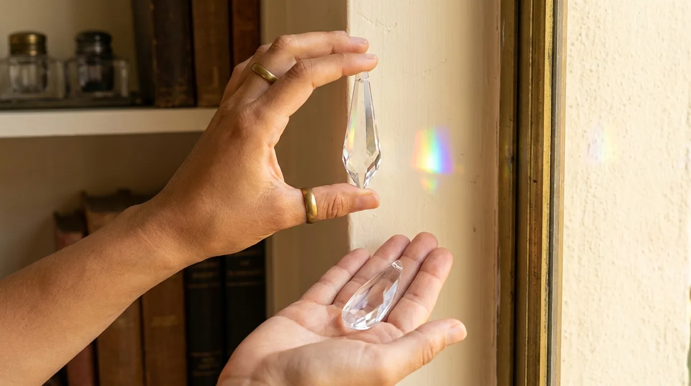Acrylic Chandelier or K9 Crystal? How to Tell 2 Rainbow check for an acrylic chandelier: a hand holds a crystal drop to the window and a rainbow falls on the wall