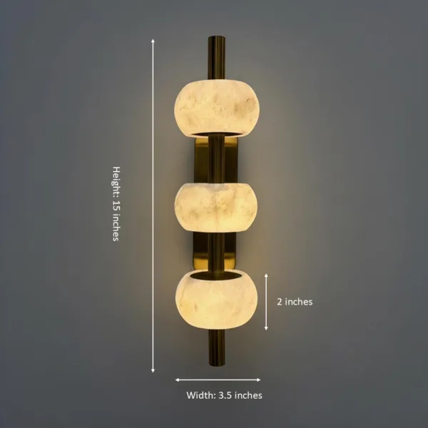 Alabaster bead wall light dimensions, 15 inches tall and 3.5 inches wide, beads 2 inches tall