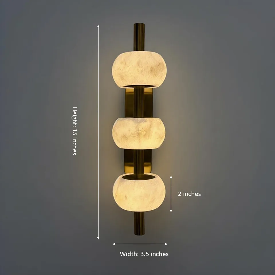 Luxury Wall Light – Three Alabaster Beads, Brass Finish, 38 cm 8 Alabaster bead wall light dimensions, 15 inches tall and 3.5 inches wide, beads 2 inches tall