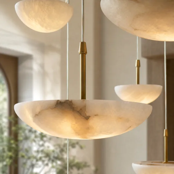 Close-up of veined alabaster bowls on brass rods