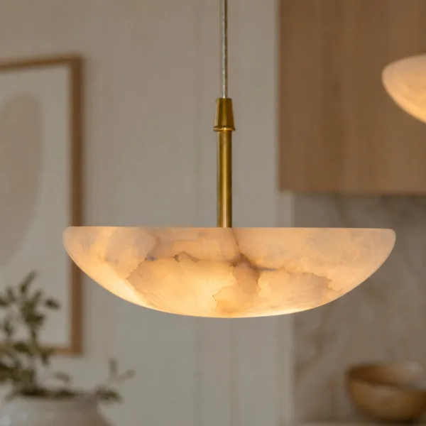 Detail of a glowing natural alabaster bowl shade