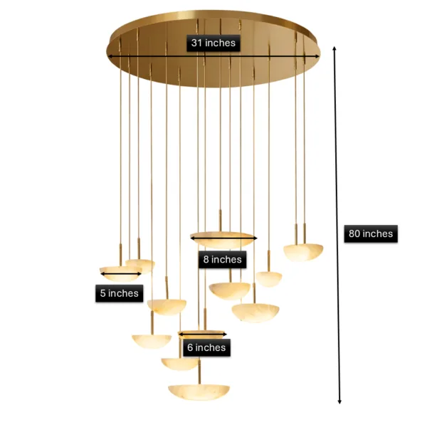 Alabaster bowl cluster chandelier dimensions, 31 in canopy, 80 in drop, 5, 6 and 8 in bowls