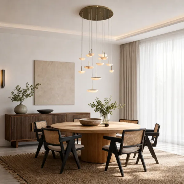 Alabaster bowl cluster chandelier above a round dining table