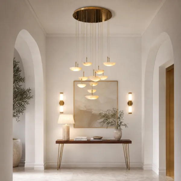Alabaster cluster chandelier in an arched entryway