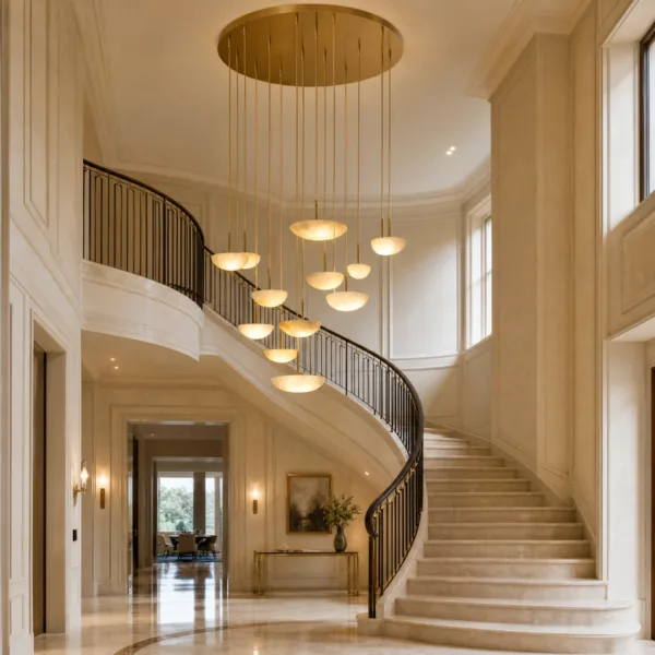 Alabaster cluster chandelier hanging in a double-height foyer beside a curved staircase
