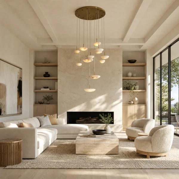 Cluster chandelier with alabaster bowls in a living room with fireplace