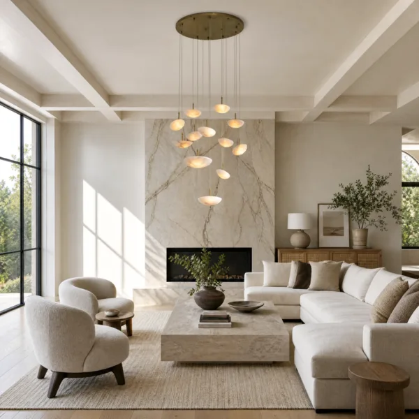 Alabaster bowl chandelier above a high-ceiling living room