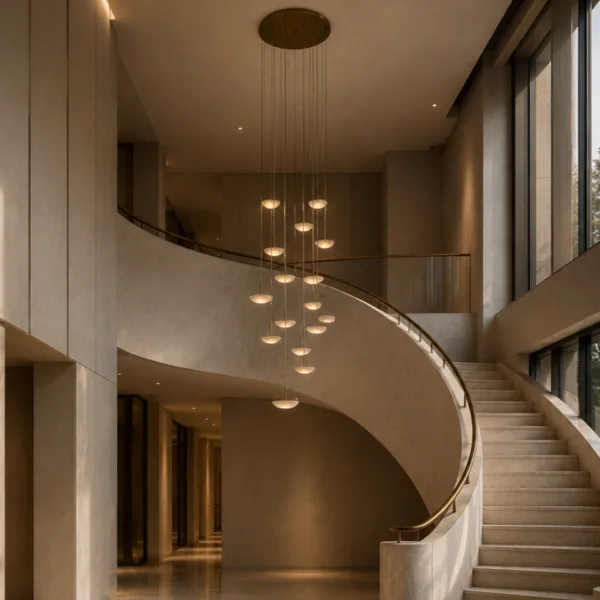 Stairwell chandelier with alabaster bowls in a double-height staircase