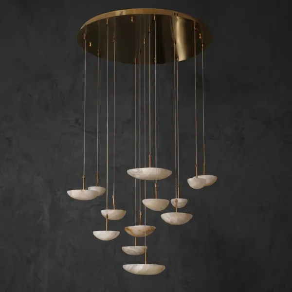 Unlit alabaster bowl cluster chandelier with brass canopy and rods