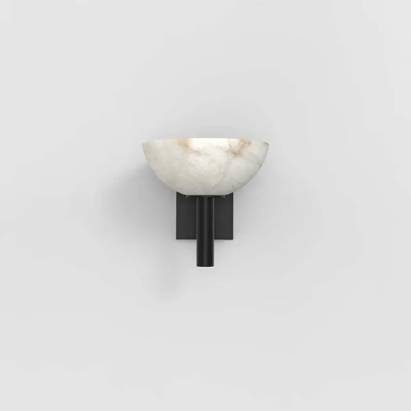 Front view of the alabaster bowl wall light, unlit: veined white stone bowl on a matte black stem and rectangular backplate