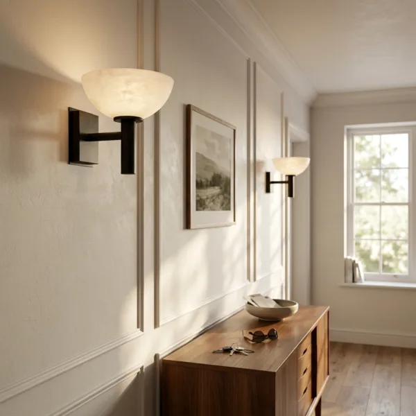 Two alabaster bowl wall lights lit along a panelled hallway above a walnut sideboard, window at the far end