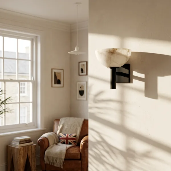 Alabaster bowl wall light on a cream wall next to a living room with a leather armchair by the window
