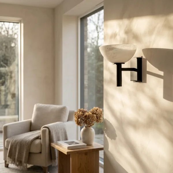 Alabaster bowl wall light on a sunlit wall beside a linen armchair and oak side table in a reading corner