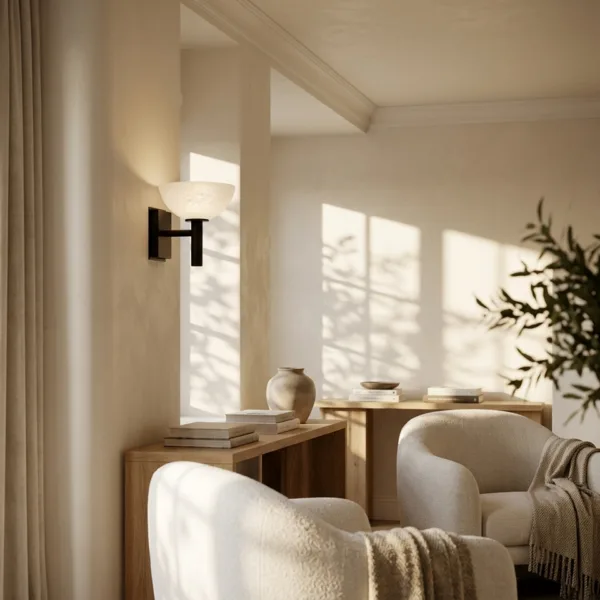 Alabaster bowl wall light glowing above an oak console in a bright sitting room with bouclé chairs