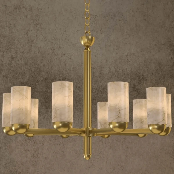 Brass chandelier with 10 natural alabaster cylinders, 80 cm, single tier