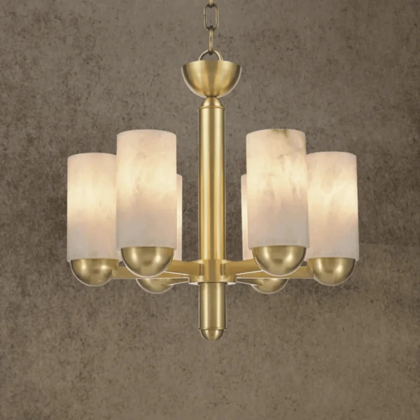 Small brass chandelier with 6 natural alabaster cylinders, 47 cm