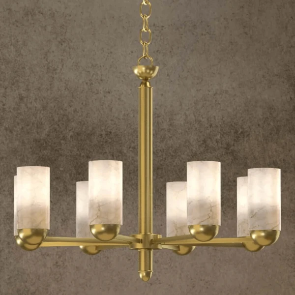 Brass chandelier with 8 natural alabaster cylinders, 70 cm, single tier