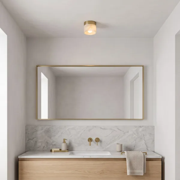 Alabaster cylinder ceiling light above a bathroom vanity