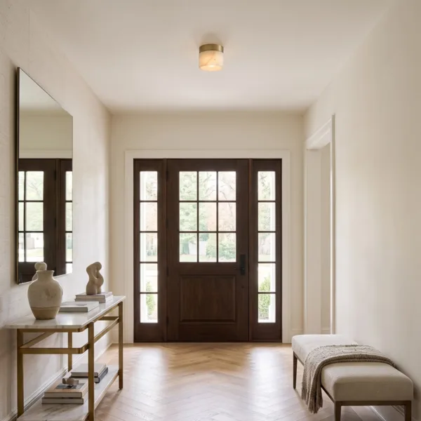 Entrance ceiling light: alabaster cylinder above a front door hallway