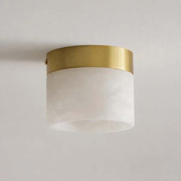 Unlit white alabaster cylinder ceiling light with brass-finish canopy