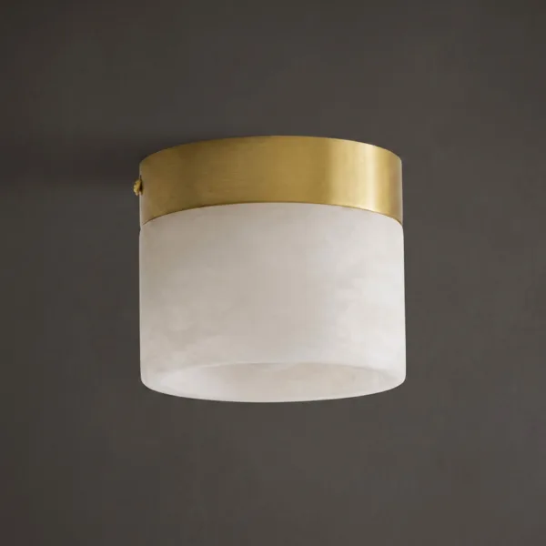 Unlit alabaster cylinder ceiling light on a dark ceiling