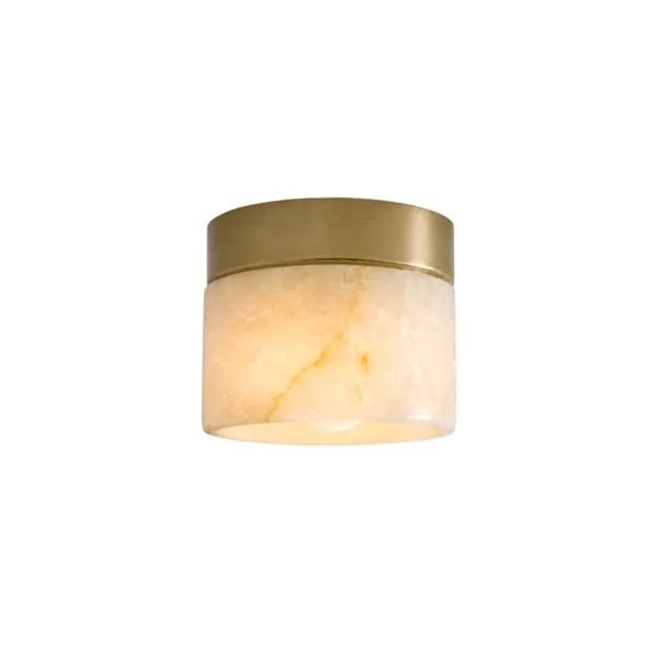 Alabaster cylinder ceiling light with honey veining on a white background