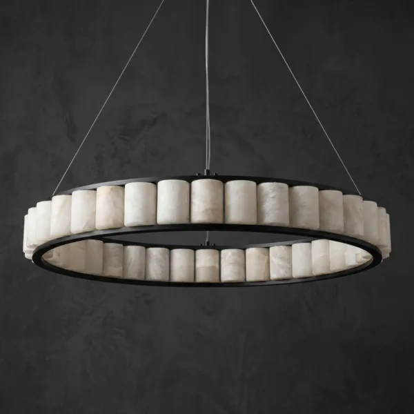 Alabaster cylinder ring chandelier with black ring and alabaster cylinders