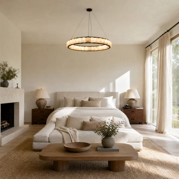 Alabaster cylinder ring chandelier in a bedroom