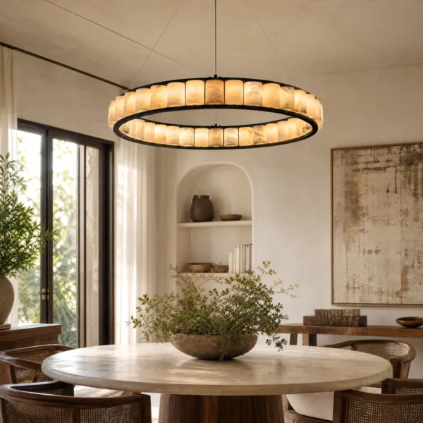 Alabaster cylinder ring chandelier above a round dining table