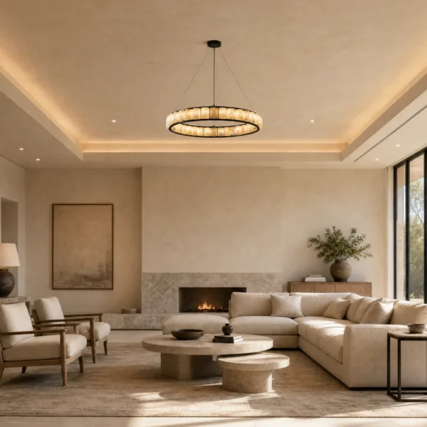 Alabaster cylinder ring chandelier hanging in a living room