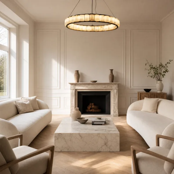 Black alabaster cylinder ring chandelier in a modern living room