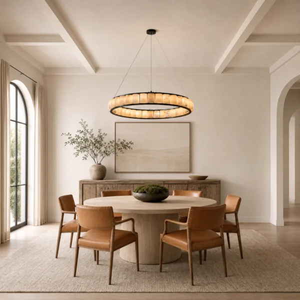 Black alabaster cylinder ring chandelier over a dining table