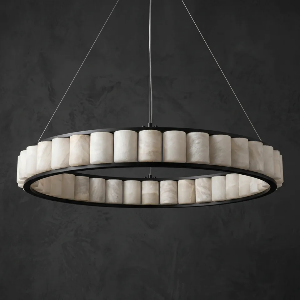Alabaster cylinder ring chandelier with black ring and alabaster cylinders