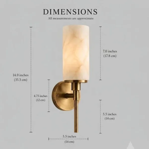 Alabaster cylinder wall lamp dimensions, 35.5 cm tall and 14 cm wide