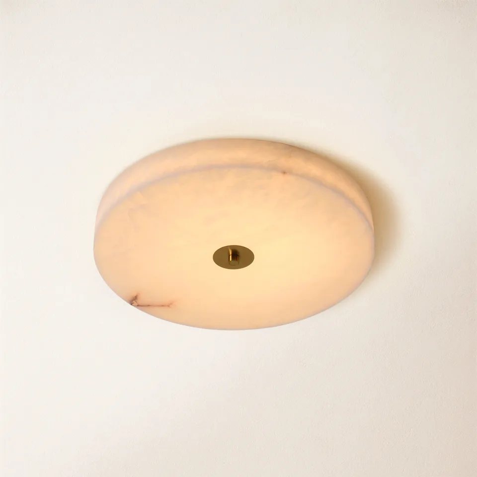 Round alabaster LED ceiling light glowing warm white with brass-finish centre cap