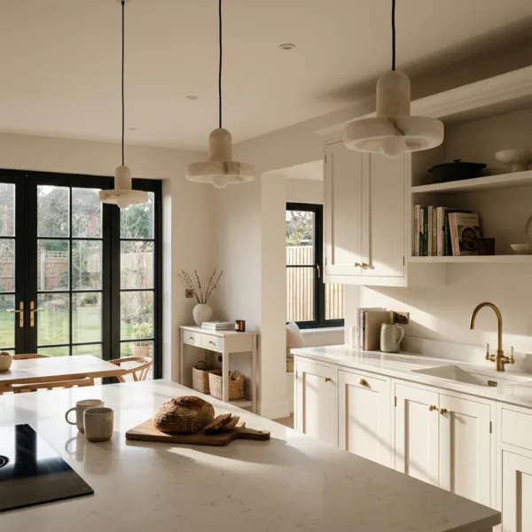 Three alabaster disc pendant lights in a row over a kitchen island with cream shaker cabinets