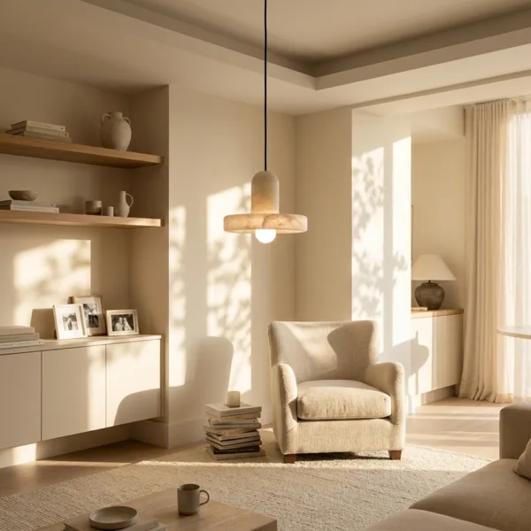 Alabaster disc pendant light above a linen armchair in a sunlit living room corner