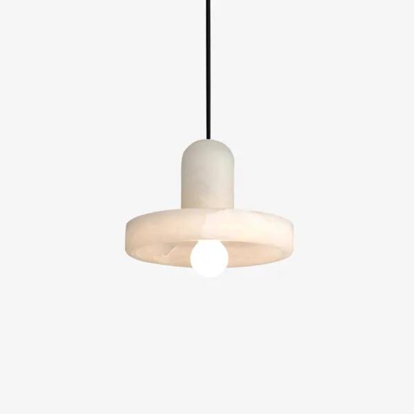 Alabaster pendant lamp in white stone, a rounded cap over a flat disc on a black fabric cord, on a white background