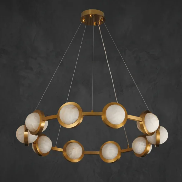 Alabaster disc ring chandelier with brushed brass ring and ten alabaster discs