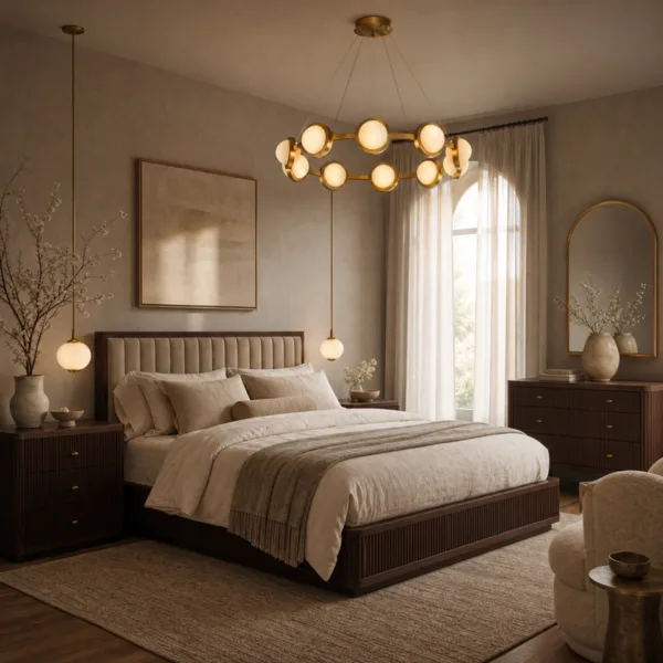 Alabaster disc ring chandelier in a bedroom