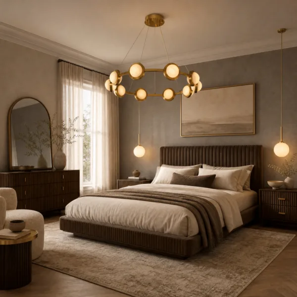 Brass alabaster disc ring chandelier over a bed