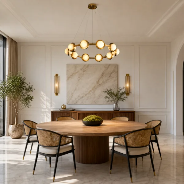 Brass alabaster disc ring chandelier above a round dining table