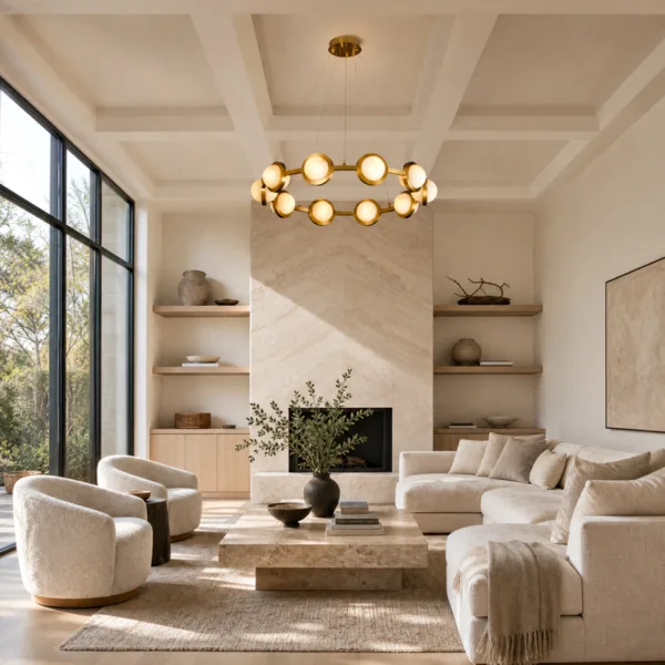 Alabaster disc ring chandelier hanging in a living room